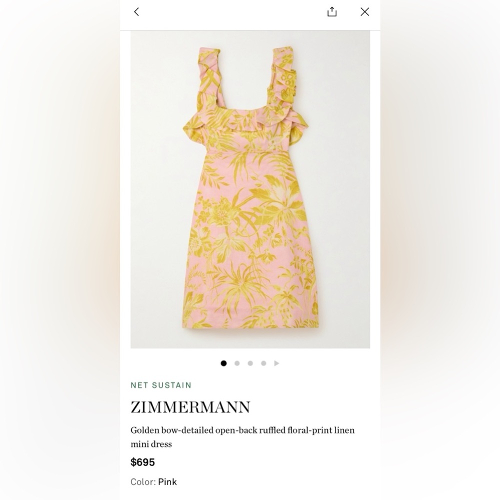 NWOT ZIMMERMANN Golden bow open-back ruffled floral linen mini dress